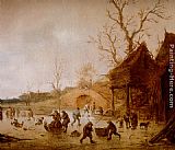 Isack Van Ostade Canvas Paintings - A Winter Landscape With Skaters, Children Playing Kolf And Figures With Sledges On The Ice Near A Bridge